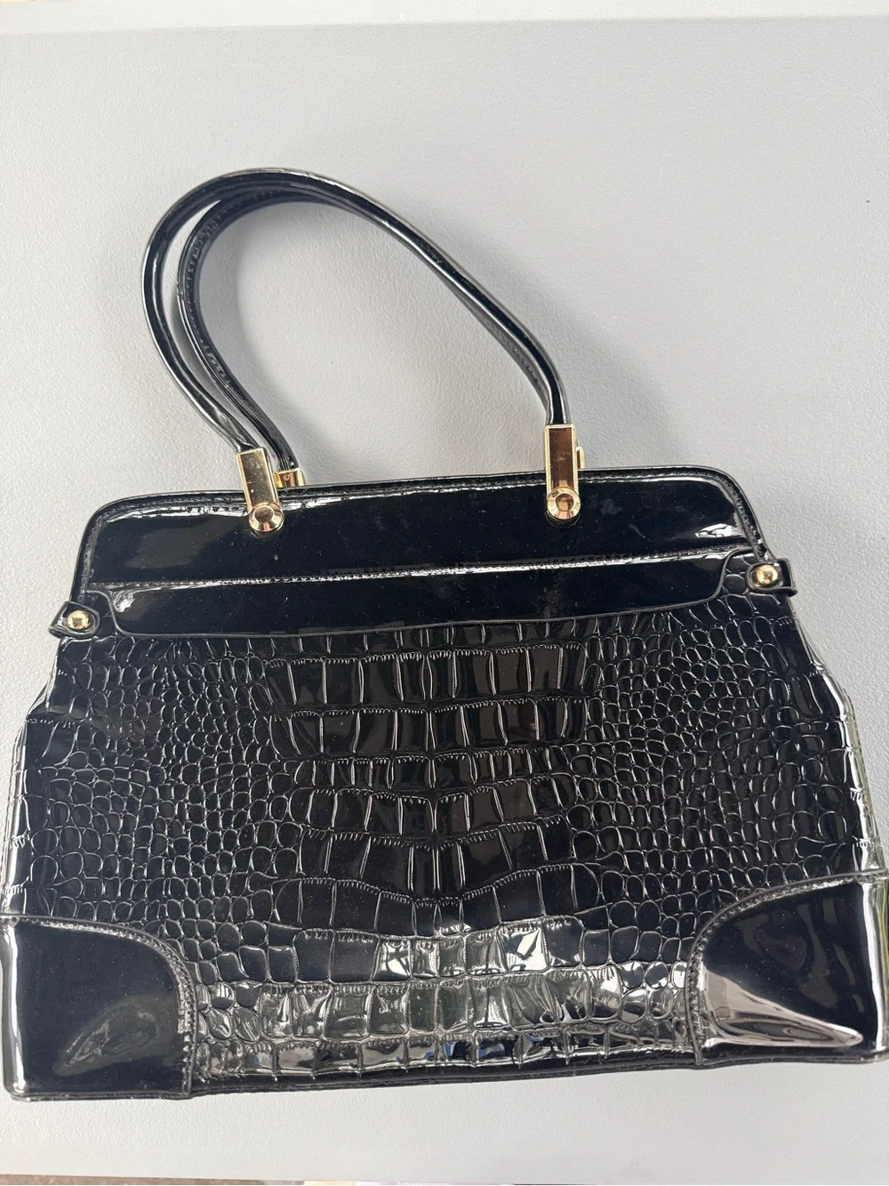 Orli Collection Patent Black Croc-Embossed Handbag with Gold Accent